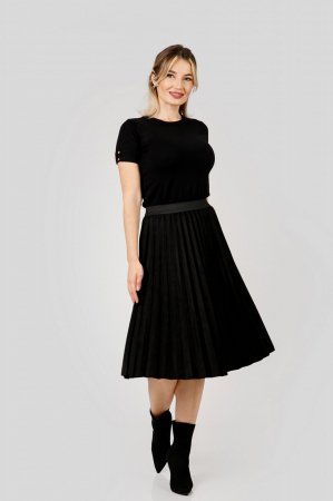 Fuste - Fusta plisata neagra din piele intoarsa sintetica cu elastic in talie