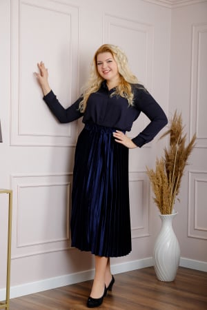 Fuste - Fusta plisata plus size din catifea bleumarin Valentina