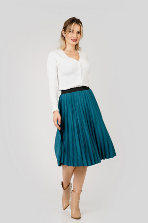 Fusta plisata turcoaz din piele intoarsa sintetica cu elastic in talie [3]