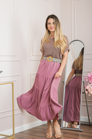 Fusta roz boho chic cu volane si curea in talie [4]