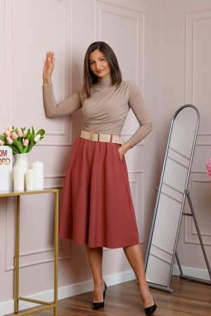 Fusta roz somon midi cu talie inalta, curea si buzunare laterale Isla [2]