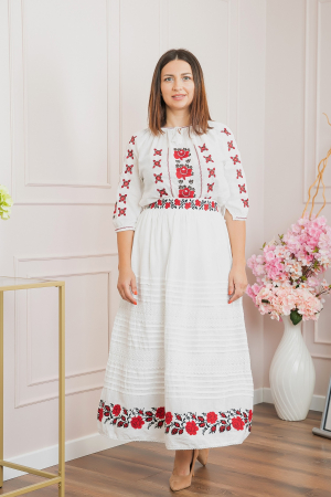 Fuste traditionale si fote - Fusta traditionala alba cu broderie florala rosie Clara 02