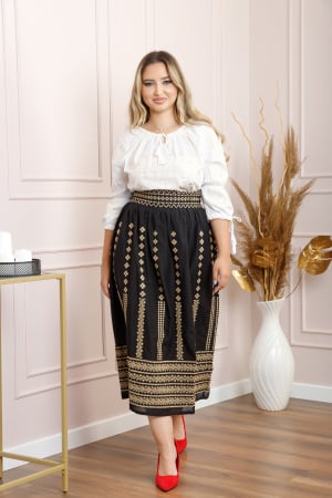 Fuste traditionale si fote - Fusta traditionala neagra cu broderie geometrica crem Daniela