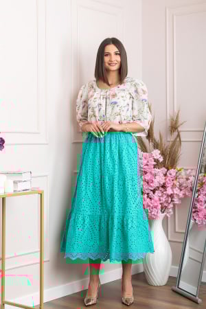 Fusta turcoaz deschis boho chic cu perforatii si curea in talie [3]