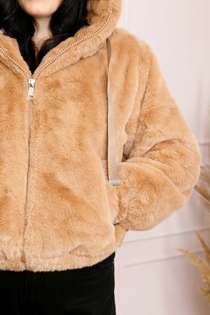 Geaca din blanita sintetica Ariana cu gluga si fermoar - Camel [1]