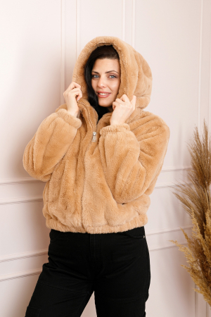 Geaca din blanita sintetica Ariana cu gluga si fermoar - Camel [2]