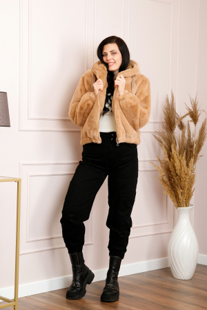 Geaca din blanita sintetica Ariana cu gluga si fermoar - Camel [3]
