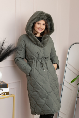 Geaca lunga eleganta matlasata din fas Kimberly cu gluga imblanita - Kaki [2]