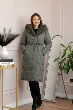 Paltoane si geci - Geaca lunga eleganta matlasata din fas Kimberly cu gluga imblanita - Kaki