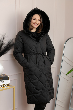 Geaca lunga eleganta matlasata din fas Kimberly cu gluga imblanita - Negru [2]