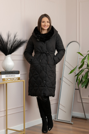 Paltoane si geci - Geaca lunga eleganta matlasata din fas Kimberly cu gluga imblanita - Negru