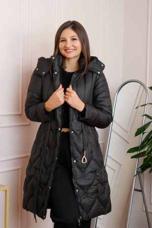 Paltoane si geci - Geaca lunga matlasata Ashley cu gluga detasabila si snur in talie - Negru