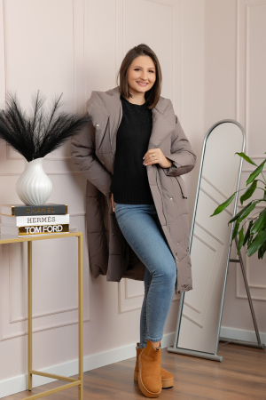 Geaca lunga matlasata din fas Kathy cu cordon in talie - Gri [3]