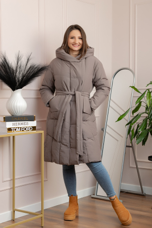 Paltoane si geci - Geaca lunga matlasata din fas Kathy cu cordon in talie - Gri