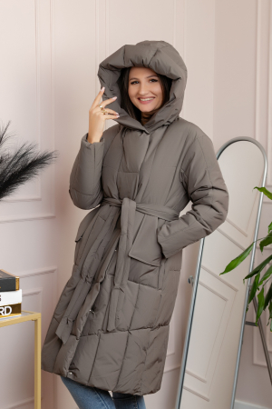 Geaca lunga matlasata din fas Kathy cu cordon in talie - Kaki [2]