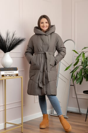 Paltoane si geci - Geaca lunga matlasata din fas Kathy cu cordon in talie - Kaki