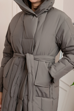 Geaca lunga matlasata din fas Kathy cu cordon in talie - Kaki [1]