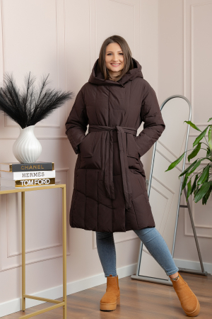 Paltoane si geci - Geaca lunga matlasata din fas Kathy cu cordon in talie - Maro