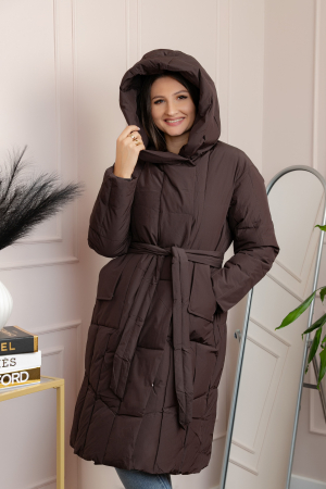 Geaca lunga matlasata din fas Kathy cu cordon in talie - Maro [2]