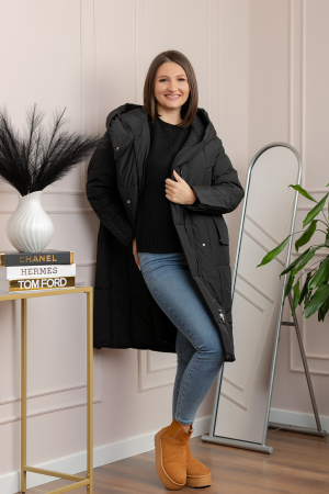 Geaca lunga matlasata din fas Kathy cu cordon in talie - Negru [3]