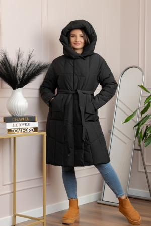 Paltoane si geci - Geaca lunga matlasata din fas Kathy cu cordon in talie - Negru