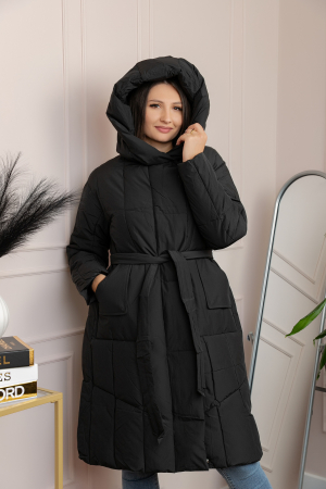 Geaca lunga matlasata din fas Kathy cu cordon in talie - Negru [2]