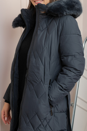 Geaca lunga matlasata din fas Valerie cu gluga detasabila si cordon - Bleumarin [1]