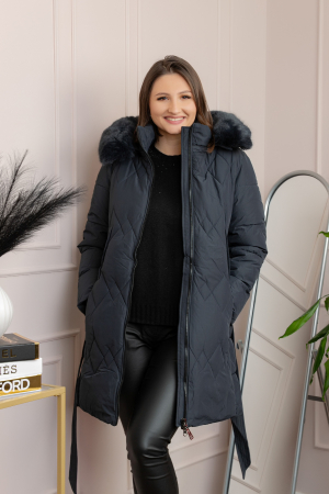 Geaca lunga matlasata din fas Valerie cu gluga detasabila si cordon - Bleumarin [2]