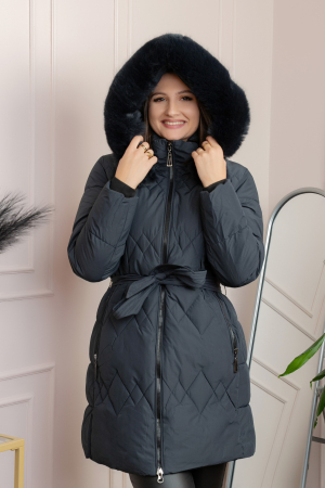 Paltoane si geci - Geaca lunga matlasata din fas Valerie cu gluga detasabila si cordon - Bleumarin