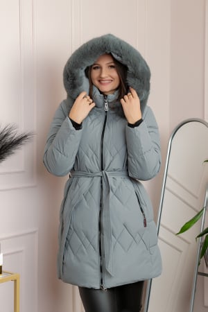 Paltoane si geci - Geaca lunga matlasata din fas Valerie cu gluga detasabila si cordon - Gri albastrui