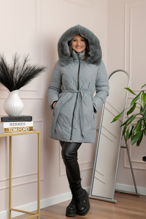 Geaca lunga matlasata din fas Valerie cu gluga detasabila si cordon - Gri albastrui [3]