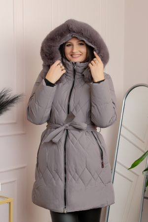 Paltoane si geci - Geaca lunga matlasata din fas Valerie cu gluga detasabila si cordon - Gri lavanda