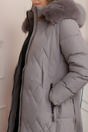 Geaca lunga matlasata din fas Valerie cu gluga detasabila si cordon - Gri lavanda [1]