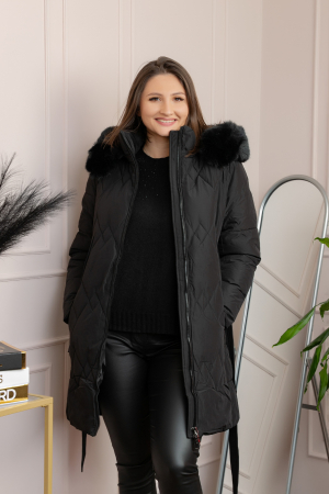 Geaca lunga matlasata din fas Valerie cu gluga detasabila si cordon - Negru [2]