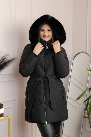 Paltoane si geci - Geaca lunga matlasata din fas Valerie cu gluga detasabila si cordon - Negru