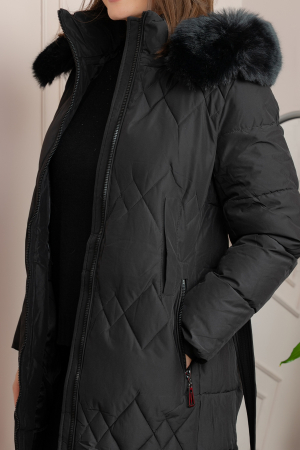 Geaca lunga matlasata din fas Valerie cu gluga detasabila si cordon - Negru [1]