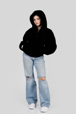 Geaca neagra din blanita sintetica cu gluga [3]