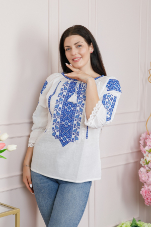 Ie cu maneca scurta - Ie traditionala alba cu motiv floral albastru Adina