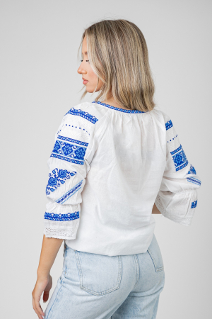 Ie traditionala alba cu motiv floral albastru Atena 01 [2]