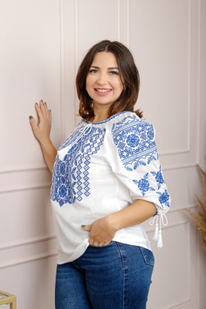 Ie cu maneca scurta - Ie traditionala alba cu motiv floral albastru Liliana 01