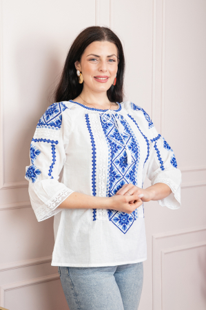 Ie traditionala alba cu motiv floral albastru Martina 01 [0]