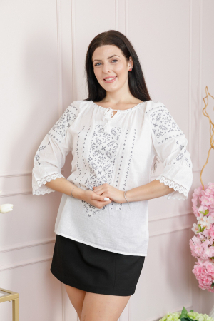 Ie cu maneca scurta - Ie traditionala alba cu motiv floral argintiu Mira