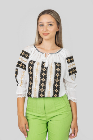 Ie traditionala alba cu motiv floral auriu Albina [0]