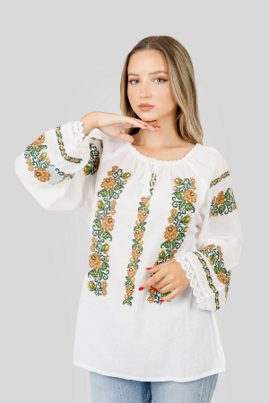 Ie cu maneca lunga - Ie traditionala alba cu motiv floral crem Codruta