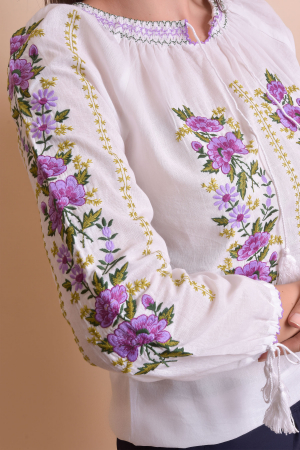Ie traditionala alba cu motiv floral mov Ruxandra 02 - maneca lunga [3]