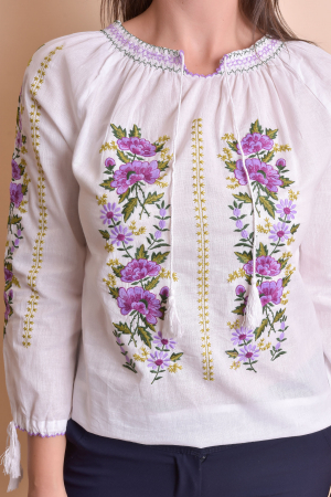 Ie traditionala alba cu motiv floral mov Ruxandra 02 - maneca lunga [1]