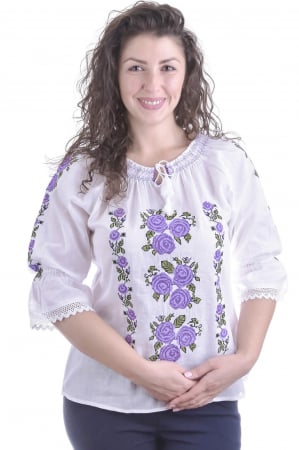 Ie cu maneca scurta - Ie traditionala alba cu motiv floral mov Andra