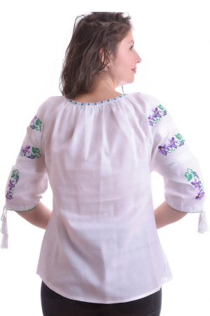 Ie traditionala alba cu motiv floral mov Brandusa - maneca scurta [2]
