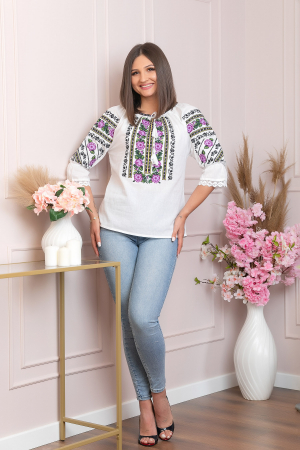 Ie traditionala alba cu motiv floral mov Clementina 03 [3]