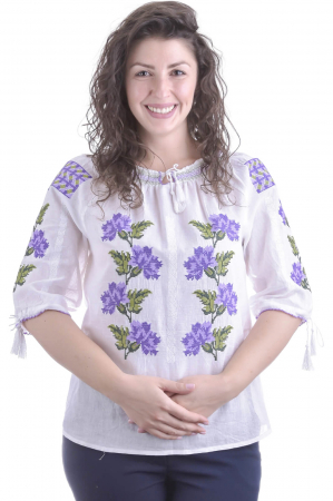Ie traditionala alba cu motiv floral mov Sorana [0]